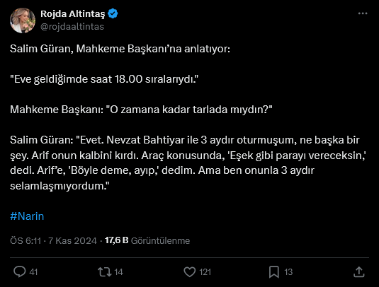 Screenshot 2024 11 07 At 18 16 42 Xte Rojda Altintas Salim Guran Mahkeme Baskanina Anlatiyor Eve Geldigimde Saat 18 00 Siralariydi Mahkeme Baskani O Zamana Kadar Tarlada Miydin Salim Guran Evet Nevzat Bahtiyar Ile 3