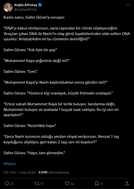 Screenshot 2024 11 07 At 19 03 18 1 Xte Rojda Altintas Kadin Savci Salim Gurana Soruyor Dnayi Kabul Etmiyorsun Sana Rapordan Bir Cumle Soyleyecegim Aractan Cikan Dna Ile Narinin Olay Gunu Kiyafetlerinden Elde Edilen