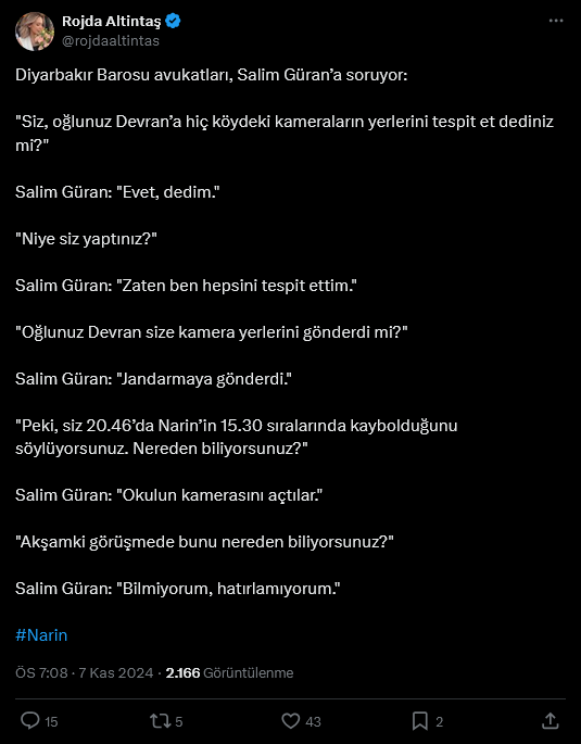 Screenshot 2024 11 07 At 19 11 00 1 Xte Rojda Altintas Diyarbakir Barosu Avukatlari Salim Gurana Soruyor Siz Oglunuz Devrana Hic Koydeki Kameralarin Yerlerini Tespit Et Dediniz Mi Salim Guran Evet Dedim Niye Siz Yap