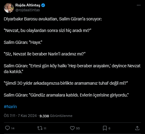 Screenshot 2024 11 07 At 19 15 40 1 Xte Rojda Altintas Diyarbakir Barosu Avukatlari Salim Gurana Soruyor Nevzat Bu Olaylardan Sonra Sizi Hic Aradi Mi Salim Guran Hayir Siz Nevzat Ile Beraber Narini Aradiniz Mi Salim