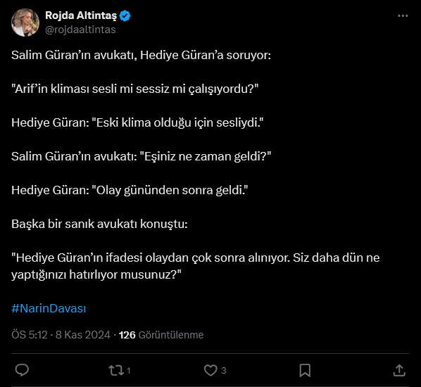 Screenshot 2024 11 08 At 17 13 03 1 Xte Rojda Altintas Salim Guranin Avukati Hediye Gurana Soruyor Arifin Klimasi Sesli Mi Sessiz Mi Calisiyordu Hediye Guran Eski Klima Oldugu Icin Sesliydi Salim Guranin Avukati Esi