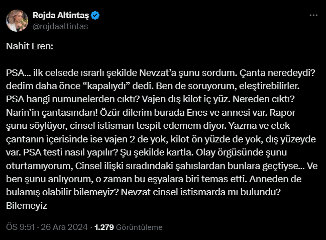 Rojda Altintas Nahit Eren Narin Guran Cinsel Istismar Bulgusu