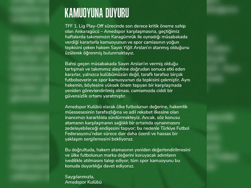 Amedspor, Ankaragücü Maçının Hakem Atamasına Tepki Gösterdi (2)