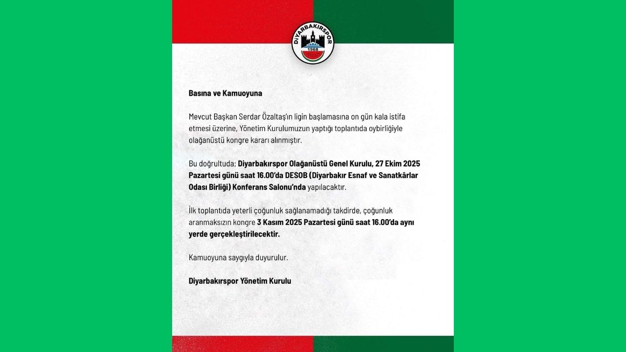 Diyarbakırspor'un Olağanüstü Kongre Tarihi Belli