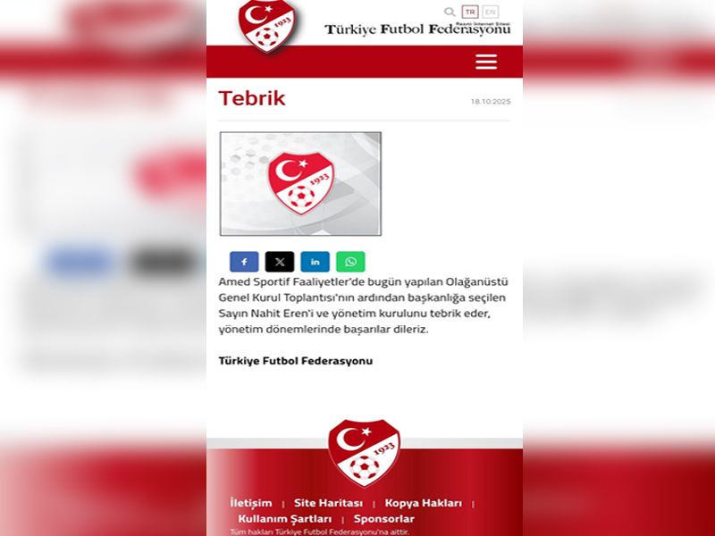 Tff’den Amedspor’un Yeni Başkanı Nahit Eren’e Tebrik Mesajı1